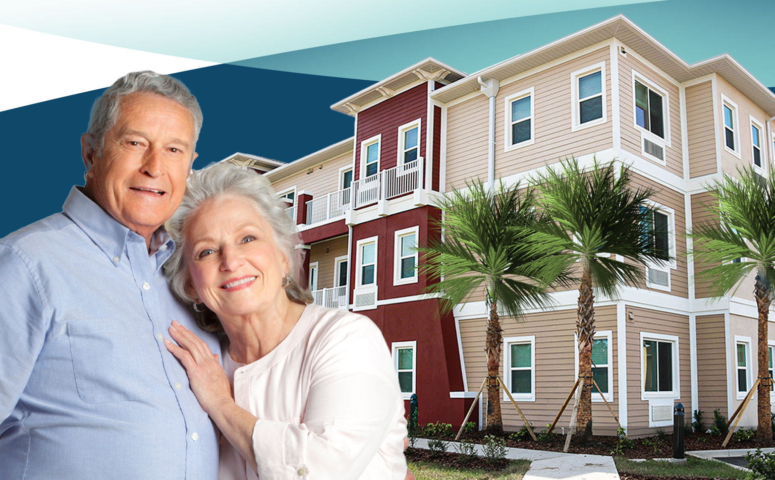 Happy couple in front of a graceful building
